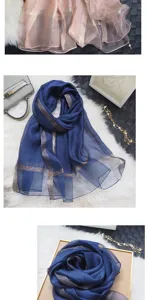 Detailed view of women's long sheer silk scarf, showcasing lightweight gold stripe texture.