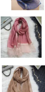 Lightweight long silk scarf shawl for women, elegant metallic border sun protection wrap.