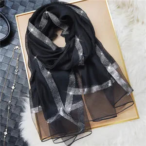 Elegant black sheer long scarf for women, lightweight glitter striped shawl and sun protection wrap.