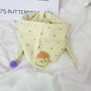 Cute cotton baby scarf with grid cherry pattern and pom poms for spring daily wear.