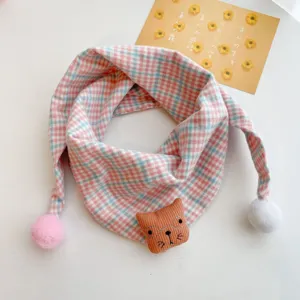 Cotton plaid baby scarf for spring and autumn, cute cat patch and pom-pom decor.