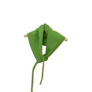 Green knitted triangle scarf for women kids, solid color neck warmer with strap, stylish daily warm accessory.