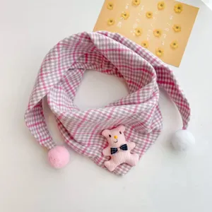 Cute baby pink plaid cotton scarf with cute bear and soft pompoms for daily spring wear.