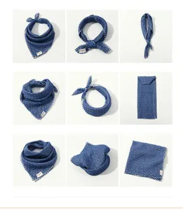 Cute baby cotton square scarf and neck guard bib with blue dotted pattern and grid border for kids.