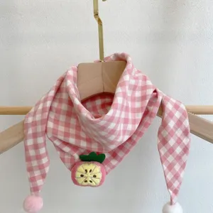 Cute pink plaid baby scarf with fruit decoration, cotton kids neck warmer for spring.