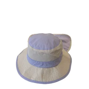 Kids sun hat with wide brim and neck flap, quick dry purple beige baby outdoor UV protection.