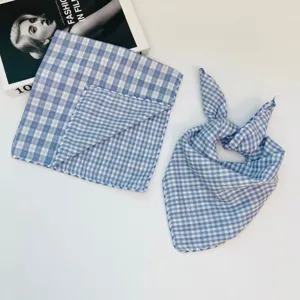 Blue and white checkered baby square scarf, versatile cotton bandana for daily wear and sun protection.