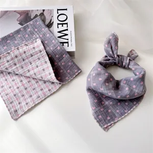 Cotton baby square scarf, double-sided grid pattern, breathable neckerchief for kids.
