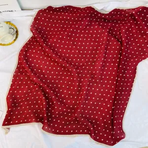 Red pleated polka dot square scarf with beige border, vintage retro neckerchief for women.
