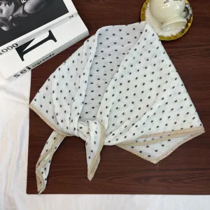 Elegant women's pleated polka dot scarf with beige border, vintage autumn winter neckerchief.