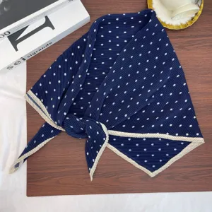 Navy blue pleated polka dot scarf with beige edge, vintage elegant square neckerchief for women.