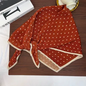 Retro polka dot pleated square scarf for women, stylish autumn winter neck warmer accessory.