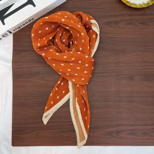 Orange pleated polka dot scarf for women, vintage style neckerchief for autumn and winter daily wear.