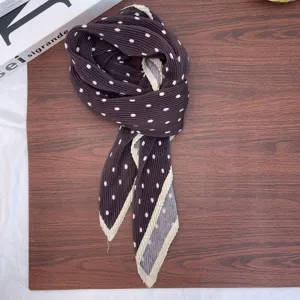 Women vintage dark brown polka dot pleated square scarf elegant neck wrap accessory