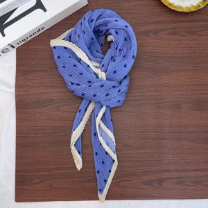 Blue and beige polka dot pleated scarf, vintage style neckerchief for women autumn winter.
