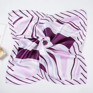 Detailed view of the 60cm professional purple and white striped patterned silk neck scarf.