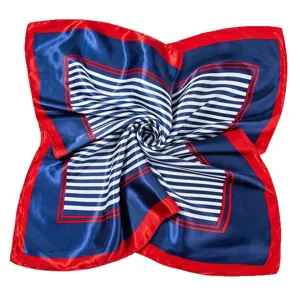 Classic professional square silk scarf with blue white stripes and red border for women daily wear.
