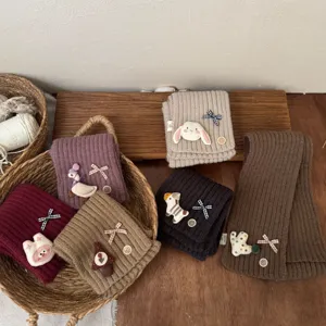 Cute children knitted neck warmer with cartoon patches, thick warm winter scarf for kids
