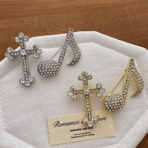 Retro Strass Kreuz und Noten Brosche Set, elegante Kristall Anzug Nadel Accessoires.