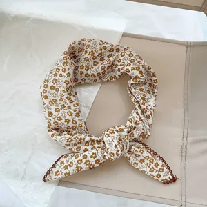 Retro brown floral print square scarf cotton neckerchief stylish hair accessory for women.