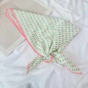 Korean style cotton floral square scarf with pink tulip print and crochet lace edge details.