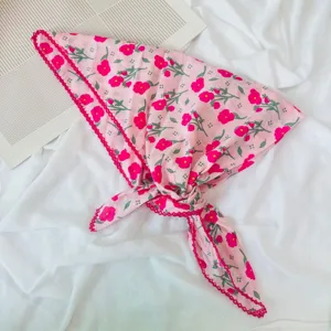 Pink floral cotton triangle scarf for women, retro hair accessory and stylish neck wrap.