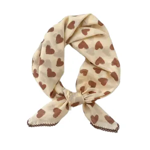 Vintage cotton square scarf with brown heart print, stylish neckerchief or hair accessory.