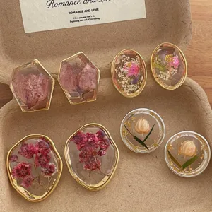 Fashion Resin Dried Flower Geometric Transparent Stud Earrings Unique Light Luxury Trendy Ear Jewelry For Women