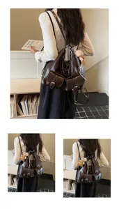Stylish dark brown faux leather multi-pocket backpack slouchy casual vintage travel bag.