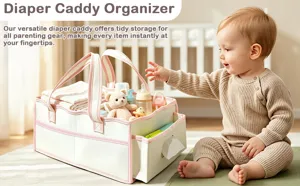 Detailed view of the multi-functional baby diaper caddy organizer with compartments.