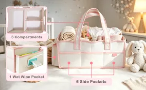 Baby diaper caddy organizer detail showing multi-compartment storage and wet wipe side pocket.