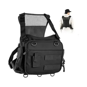 Tactical fishing chest pack detail, mesh back strap, multi-pocket design, black gear storage bag.