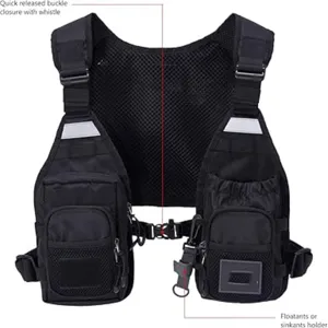 Black tactical fly fishing chest vest detail showing quick release buckle and holders.