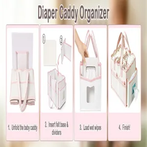 Felt Diaper Caddy Organizer Portable Baby Storage Bag with Multi Pockets Pink Trim