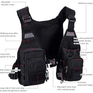 Detailed view of tactical fly fishing vest with multiple pockets and adjustable shoulder straps.