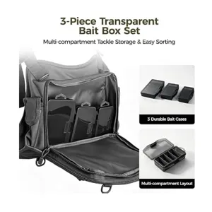 Outdoor tactical fishing tackle bag set with 3 transparent multi-compartment bait boxes.