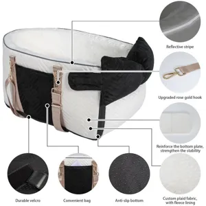 Asiento de coche portátil para perro pequeño con lazo, forro polar, fondo antideslizante.