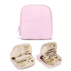 Bolso organizador de joyas acolchado rosa, estuche con cremallera para anillos y pendientes de viaje.