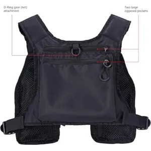 Detailed view showing D-ring net attachment and dual large zippered pockets on vest.