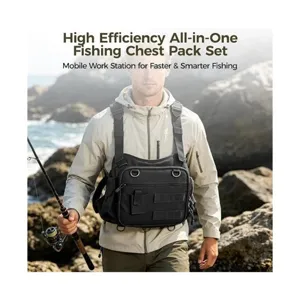 Outdoor tactical fishing chest pack detail view, multi-pocket tackle storage bag for fly fishing.