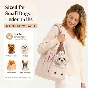 Lightweight soft-sided pet carrier bag in light pink, stylish dog purse for travel and outdoor walks.
