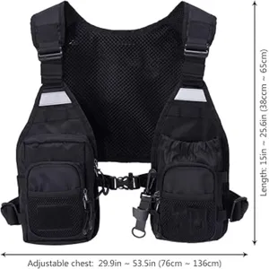 Multifunctional tactical chest rig and fly fishing vest with adjustable straps for outdoor sports.