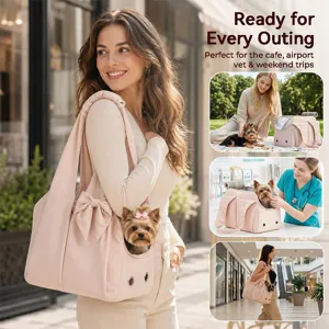 Pink soft-sided pet carrier bag, lightweight puppy handbag with bow, perfect travel bag for dogs.