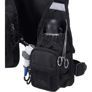 Multi-functional fly fishing vest and chest bag with multiple pockets and bottle holder.