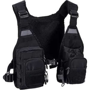 Close-up detail of the black tactical fly fishing vest, showing durable mesh and multi-pockets.