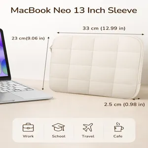 Detailed view of the beige quilted 13-inch laptop sleeve featuring dimensions and usage icons.