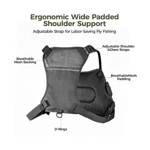 Tactical fly fishing chest pack detail view, breathable mesh backing, adjustable shoulder straps.
