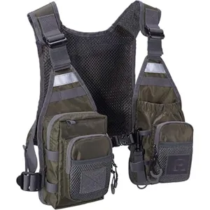 Tactical fly fishing vest chest pack with breathable mesh back and multiple storage pockets.