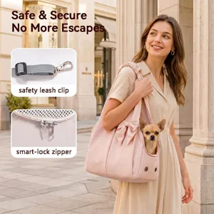Stylish pink pet carrier bag for small dogs, lightweight soft-sided tote with safety leash clip.