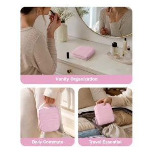 Bolso organizador de joyas de cuero acolchado rosa portátil para anillos y collares.
